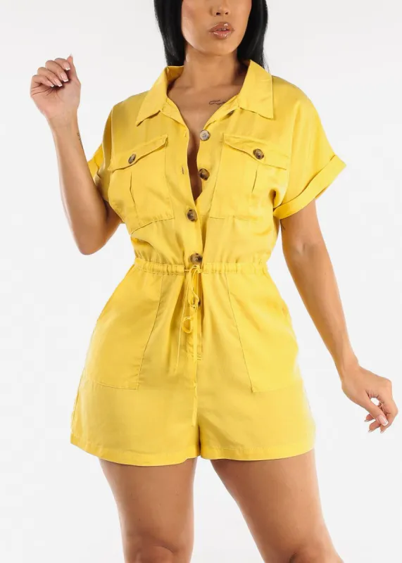 Short Sleeve Button Up Cargo Romper Yellow sold by Moda