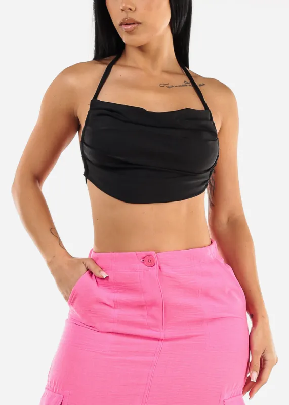 Open Tie Back Black Halter Crop Top sold by Moda