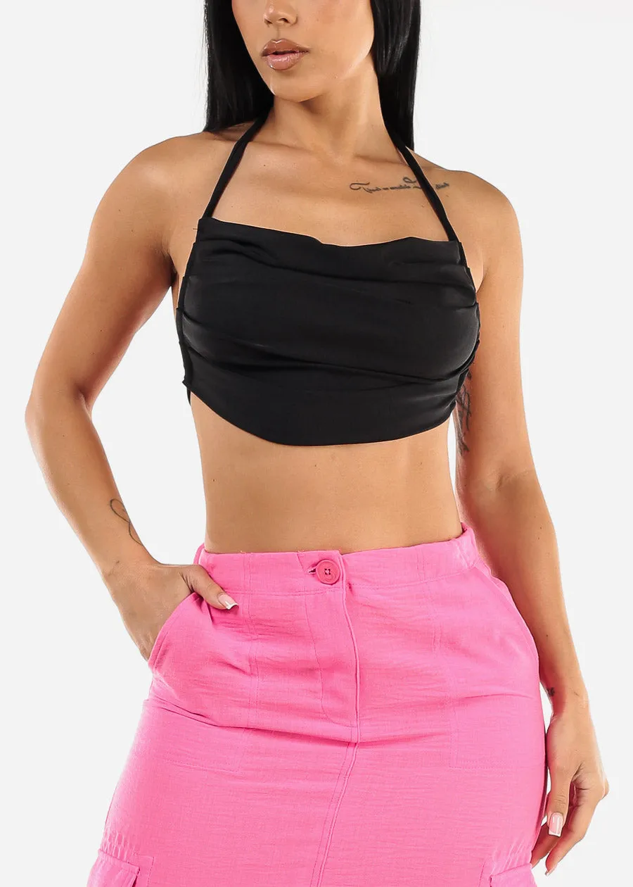 Open Tie Back Black Halter Crop Top sold by Moda
