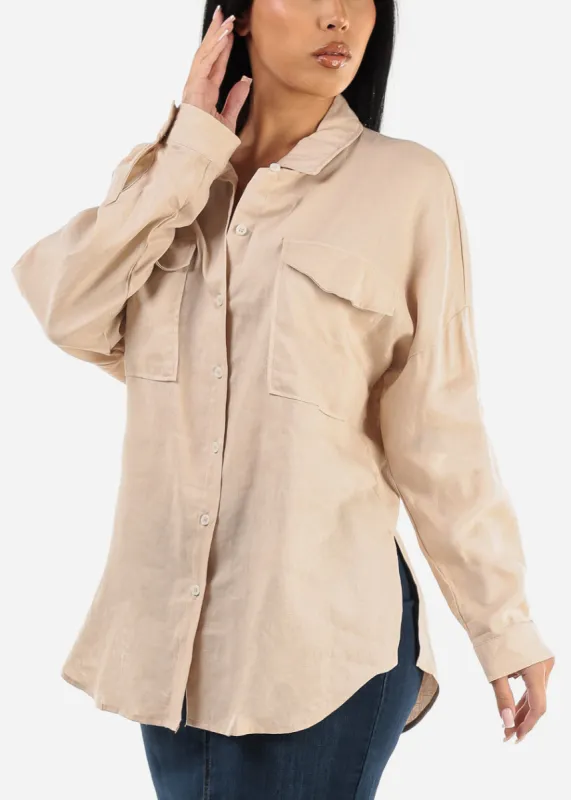 Khaki Linen Oversized Button Down Shirt sold by Moda