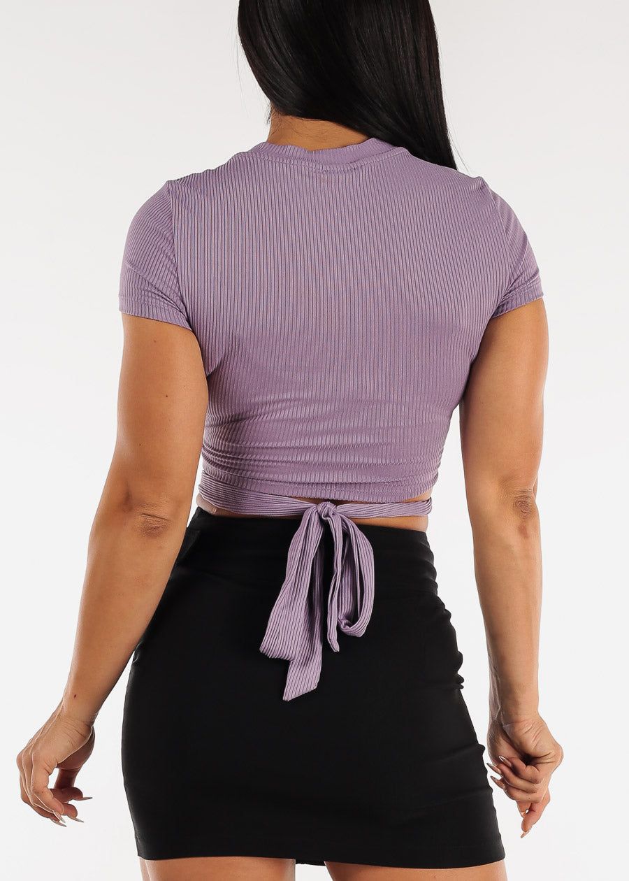 Short Sleeve Cut Out Lavender Ribbed Crop Top w Waist Tie sold by Moda product image thumbnail 4