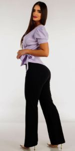 Black High Rise Wide Stretch Pants with Short Sleeve Lilac Peplum Blouse sold by Moda
