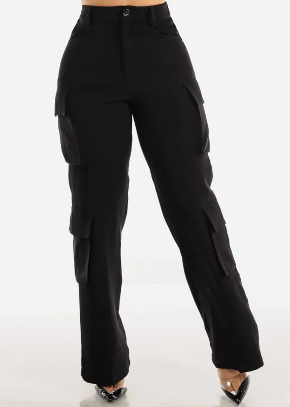 High Waist Black Straight Wide Leg Cargo Pants sold by Moda