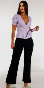 Black High Rise Wide Stretch Pants with Short Sleeve Lilac Peplum Blouse sold by Moda