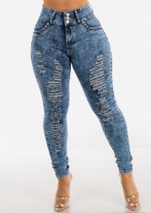 Butt Lifting Distressed Acid Wash Skinny Jeans sold by Moda