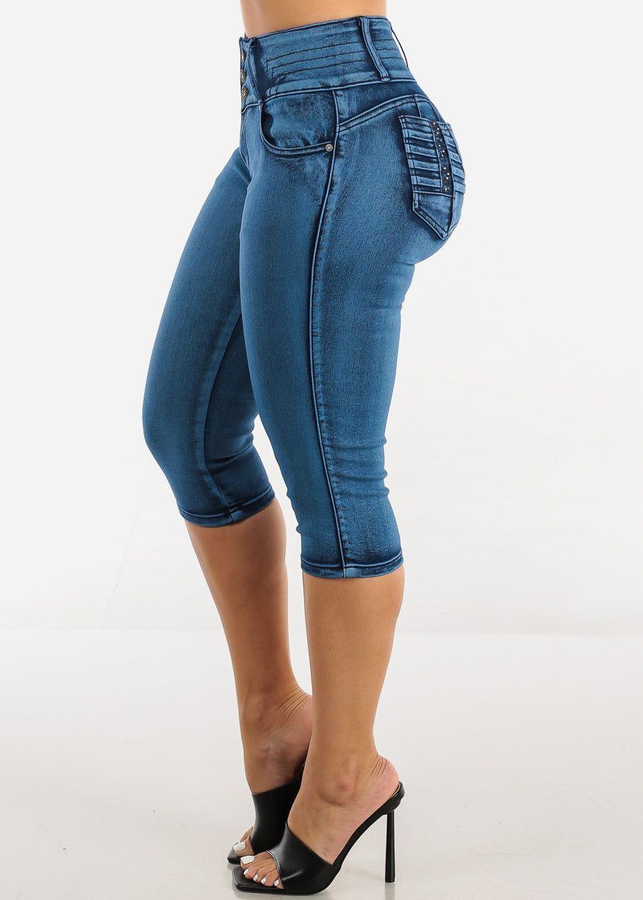 Mid Rise Butt Lifting Denim Capris Blue sold by Moda product image thumbnail 4