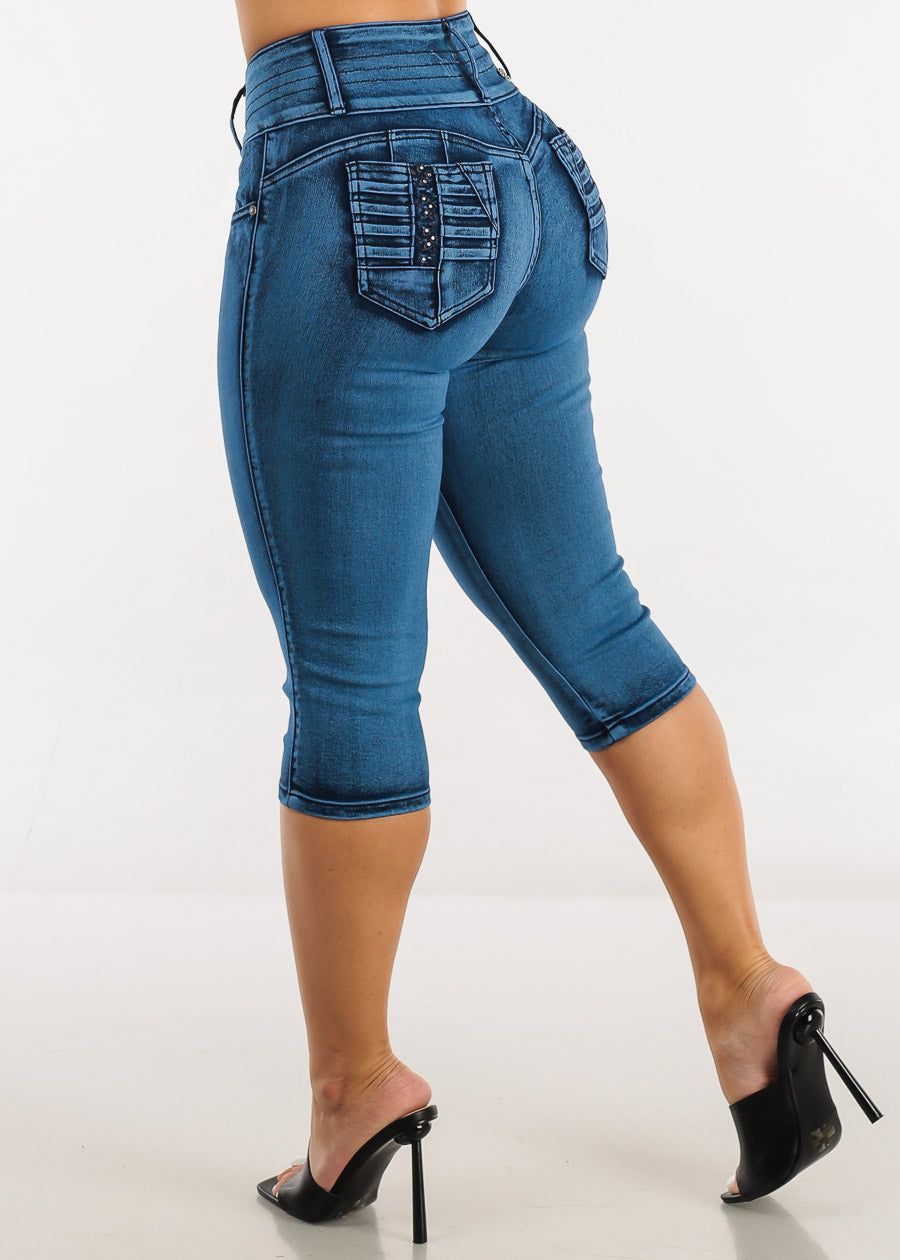 Mid Rise Butt Lifting Denim Capris Blue sold by Moda