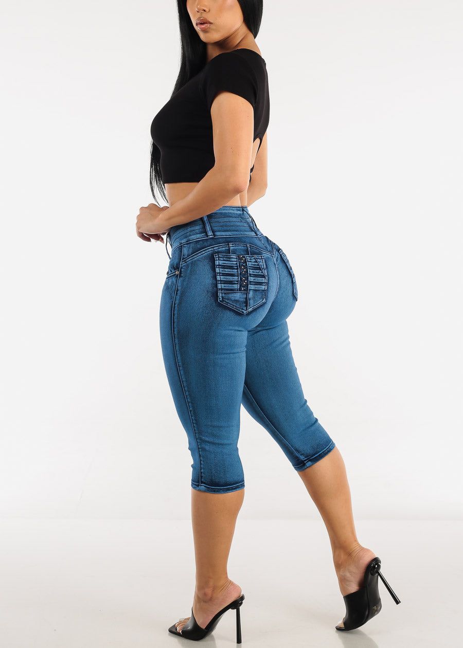 Mid Rise Butt Lifting Denim Capris Blue sold by Moda product image thumbnail 5