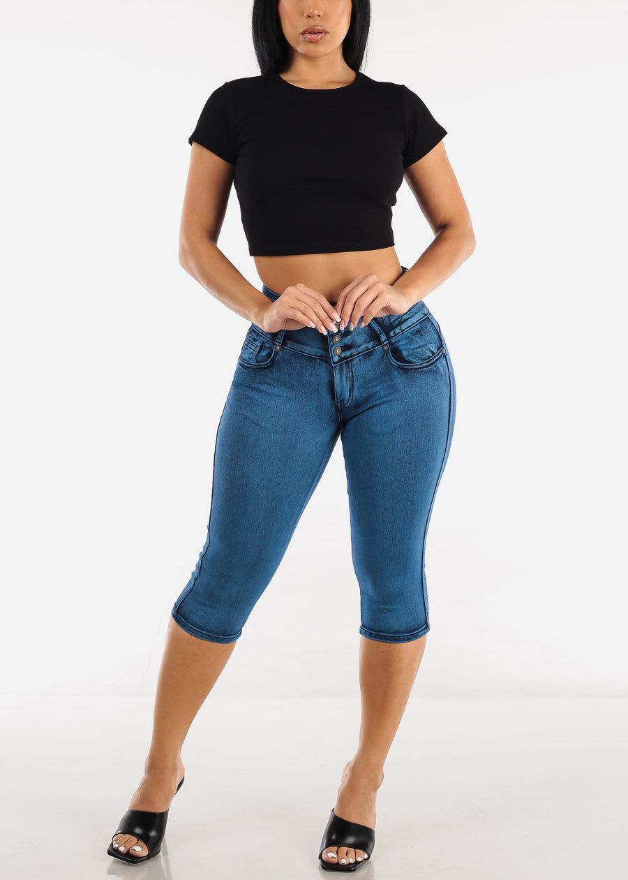 Mid Rise Butt Lifting Denim Capris Blue sold by Moda product image thumbnail 2