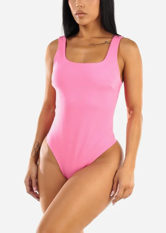 Sleeveless Square Neck Thong Bodysuit Hot Pink sold by Moda
