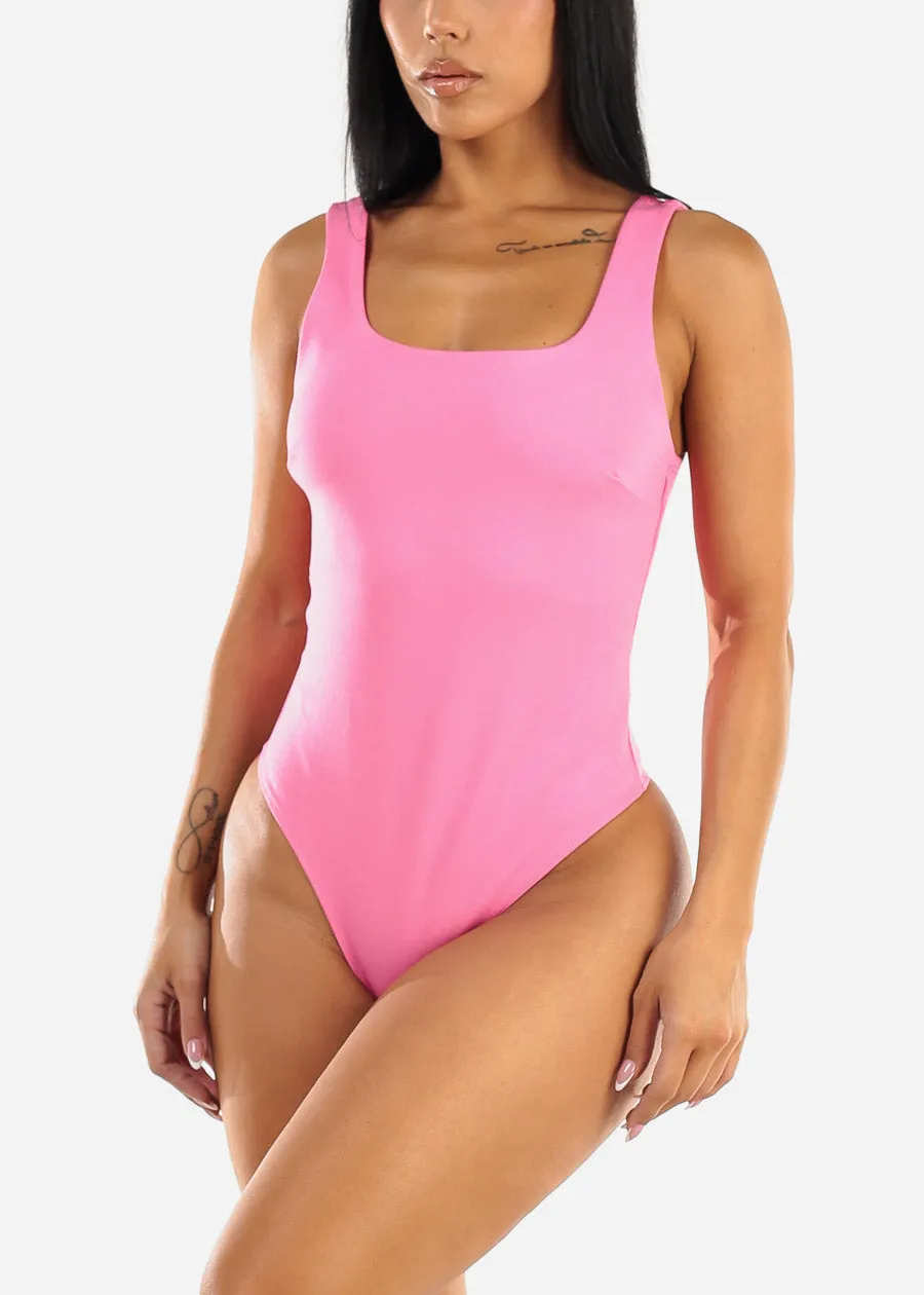 Sleeveless Square Neck Thong Bodysuit Hot Pink sold by Moda