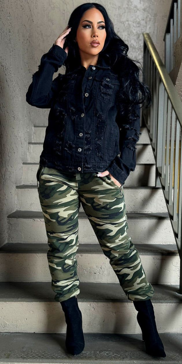 High Rise Camouflage Jogger Sweatpants Short Sleeve Olive Bodysuit and Black Long Sleeve Ripped Denim Jacket sold by Moda product image thumbnail 2