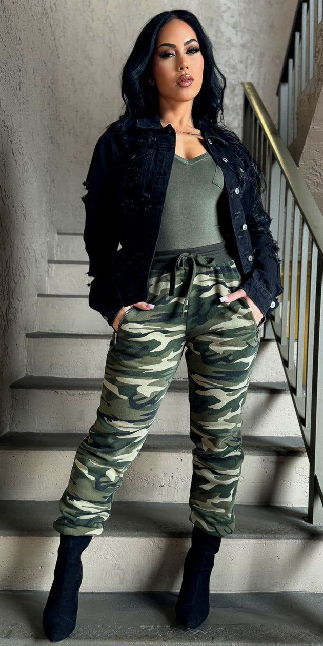 High Rise Camouflage Jogger Sweatpants Short Sleeve Olive Bodysuit and Black Long Sleeve Ripped Denim Jacket sold by Moda product image thumbnail 3