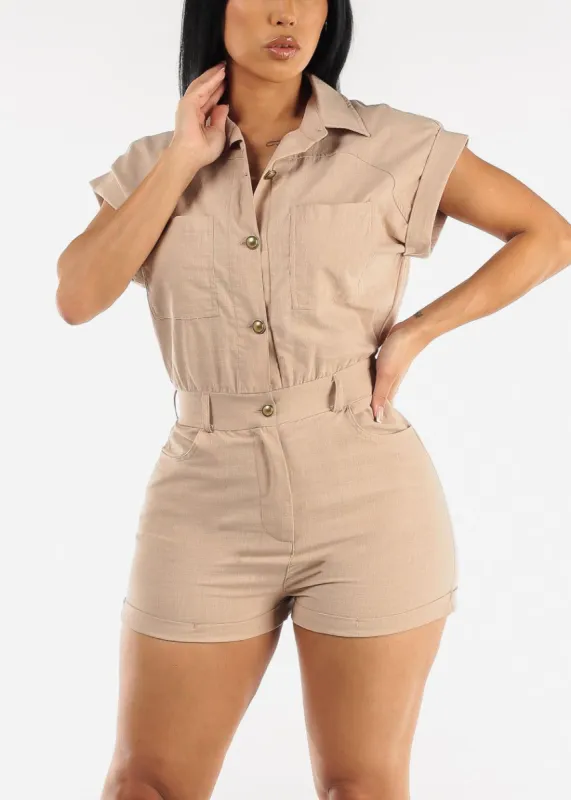 Cotton Khaki Short Sleeve Button Up Utility Romper sold by Moda