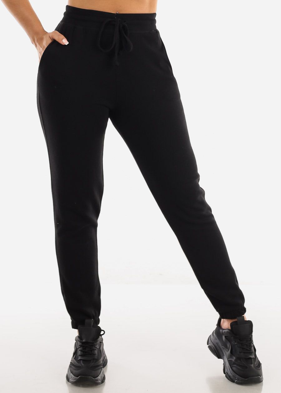 Black Drawstring Waist French Terry Jogger Pants sold by Moda