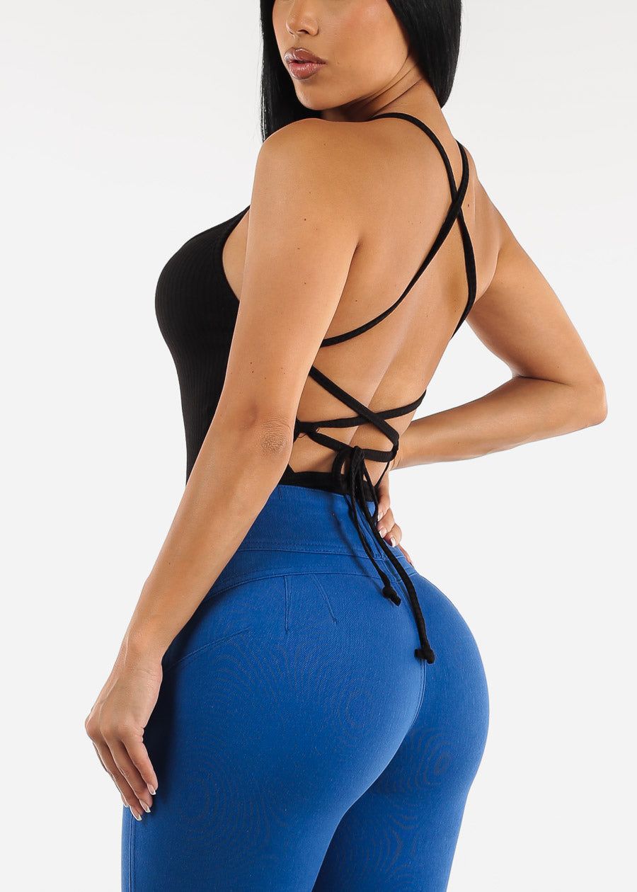 Black Strappy Open Back Ribbed Bodysuit sold by Moda