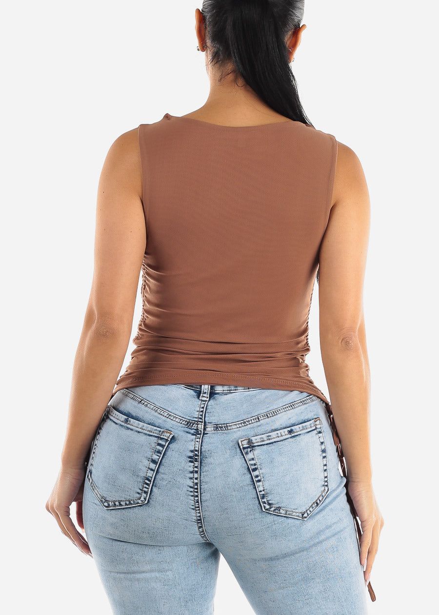 Sleeveless Double Layer Ruched Mesh Top Mocha sold by Moda product image thumbnail 4
