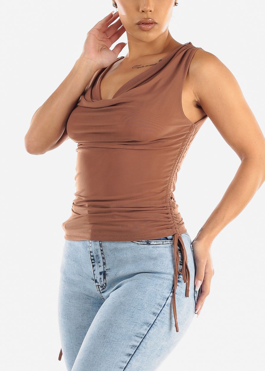 Sleeveless Double Layer Ruched Mesh Top Mocha sold by Moda
