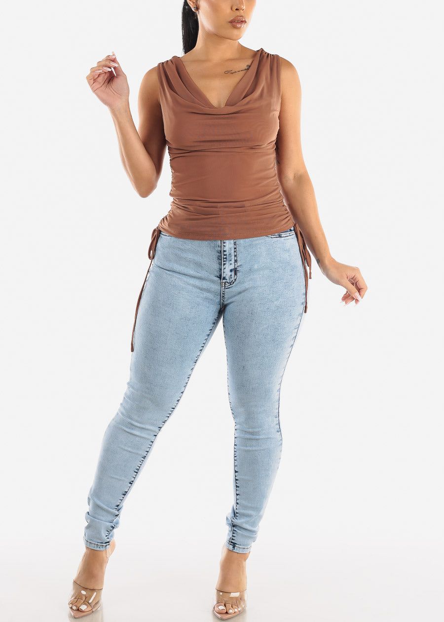 Sleeveless Double Layer Ruched Mesh Top Mocha sold by Moda product image thumbnail 2