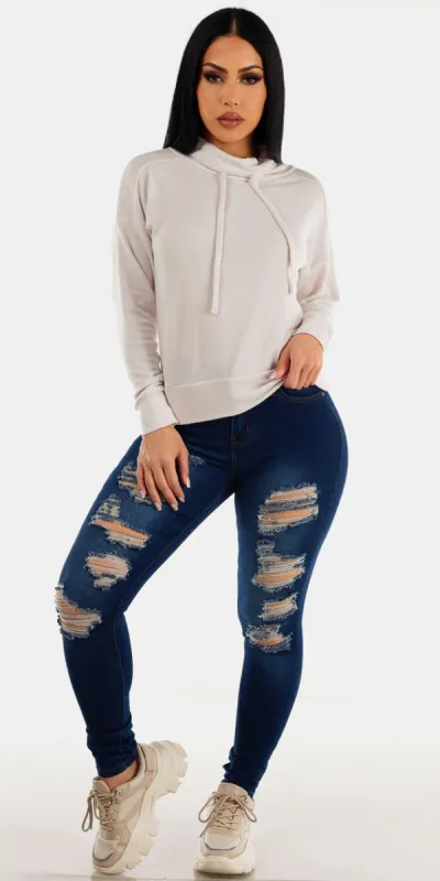 Beige Turtleneck Ripped Denim Set sold by Moda