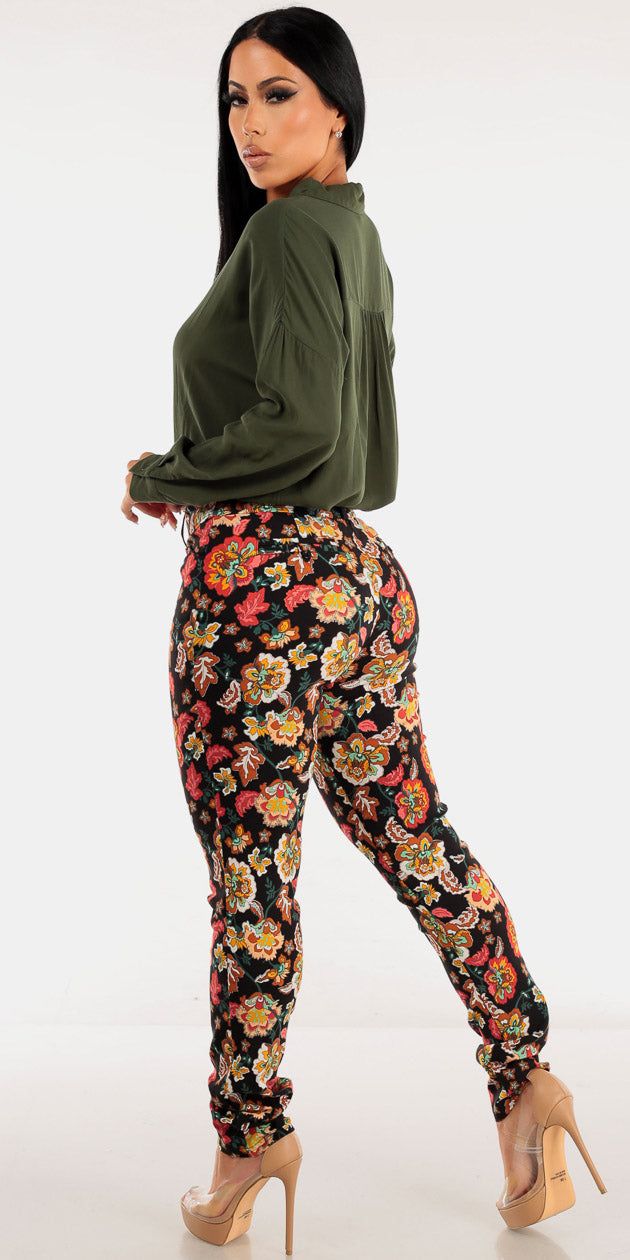 High Waisted Black Floral Dressy Skinny Pants with Oversized Long Sleeve Button Up Green Shirt sold by Moda product image thumbnail 2
