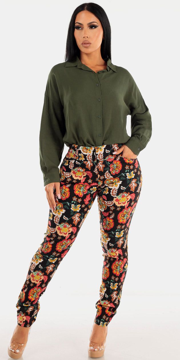 High Waisted Black Floral Dressy Skinny Pants with Oversized Long Sleeve Button Up Green Shirt sold by Moda