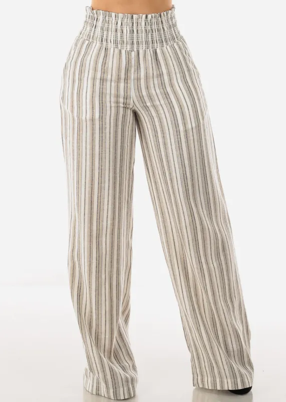 Linen Spandex Waist Striped Pants Mocha sold by Moda