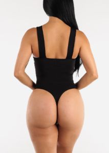 Black Sleeveless Deep Vneck Ruched Bodysuit sold by Moda