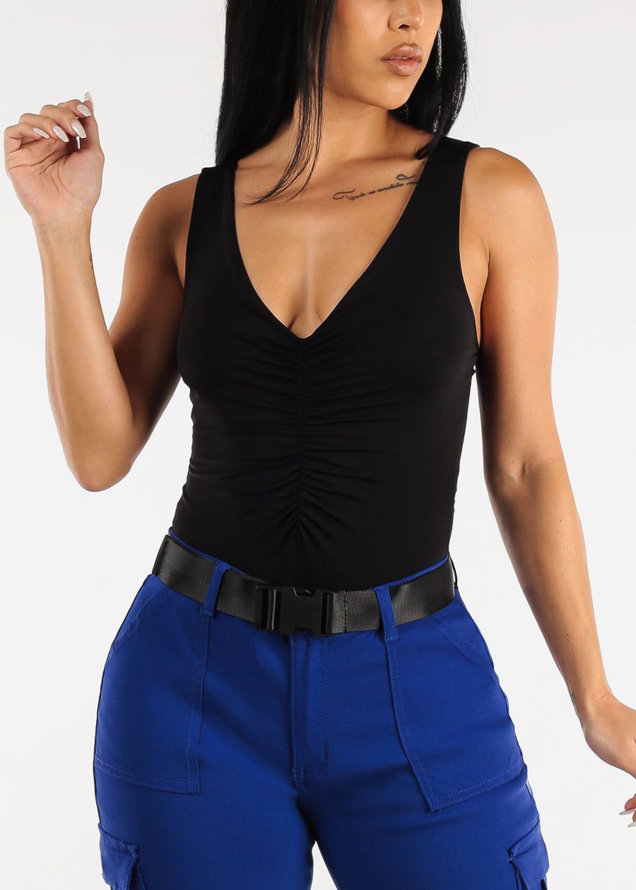 Black Sleeveless Deep Vneck Ruched Bodysuit sold by Moda