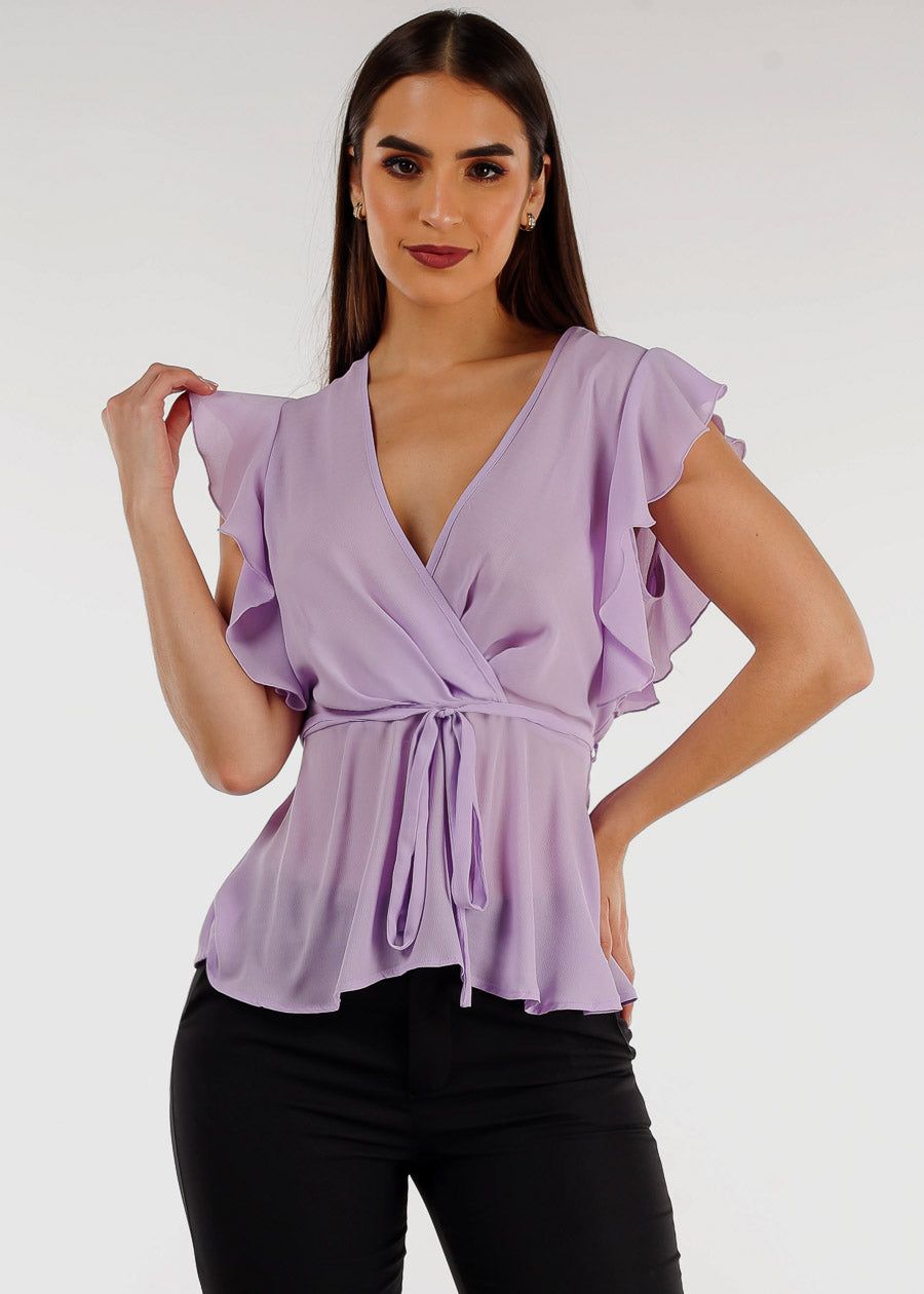 Short Sleeve Surplice Peplum Blouse Lavender w Ruffle Trim sold by Moda
