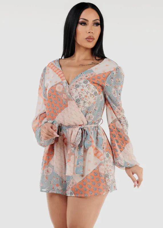 Long Sleeve Surplice Printed Romper Rust sold by Moda