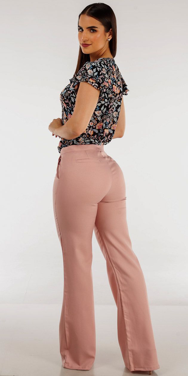 Mauve High Rise Flared Bootcut Pants with Black Button Up Short Sleeve Floral Blouse sold by Moda product image thumbnail 2