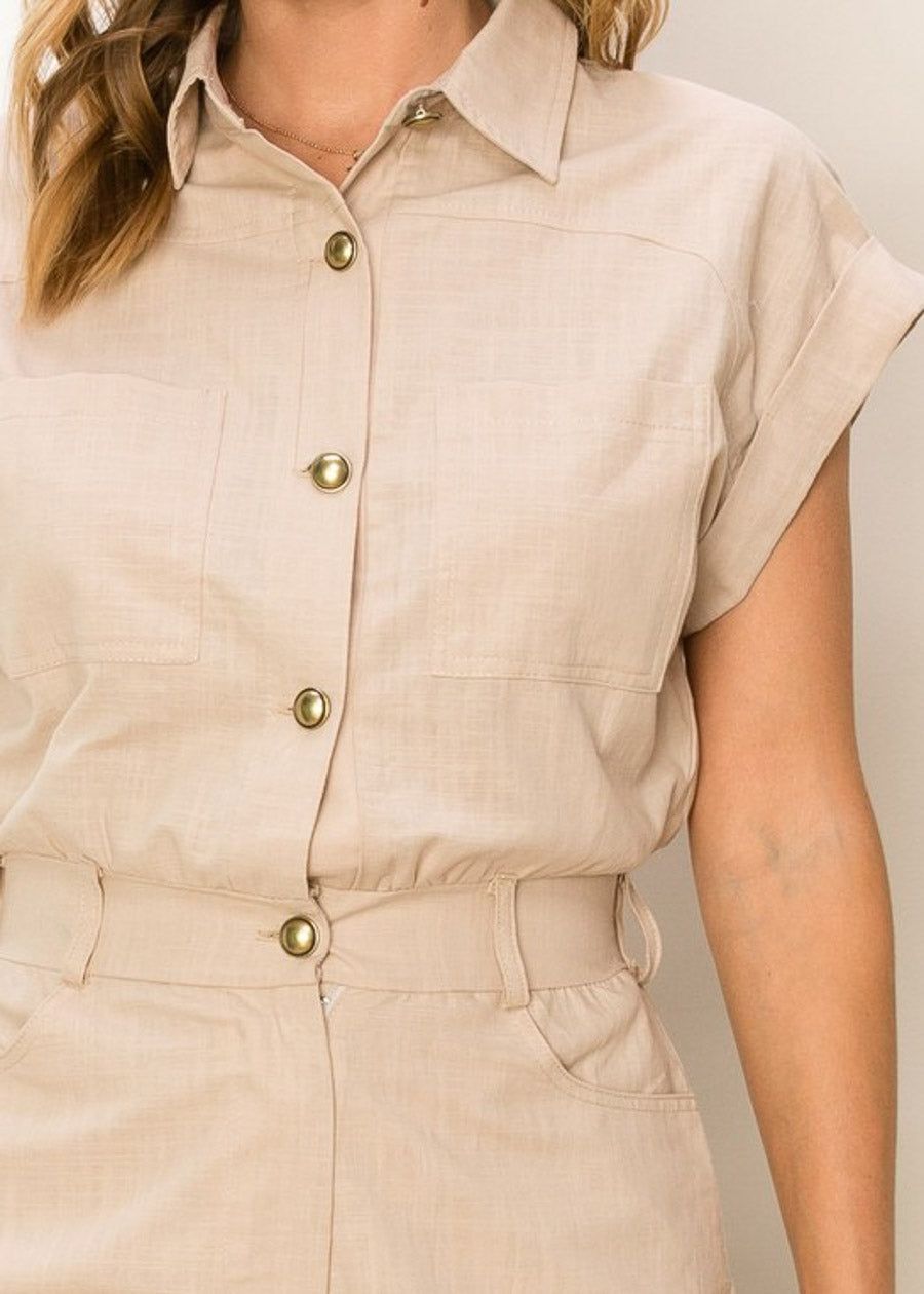 Cotton Khaki Short Sleeve Button Up Utility Romper sold by Moda product image thumbnail 7