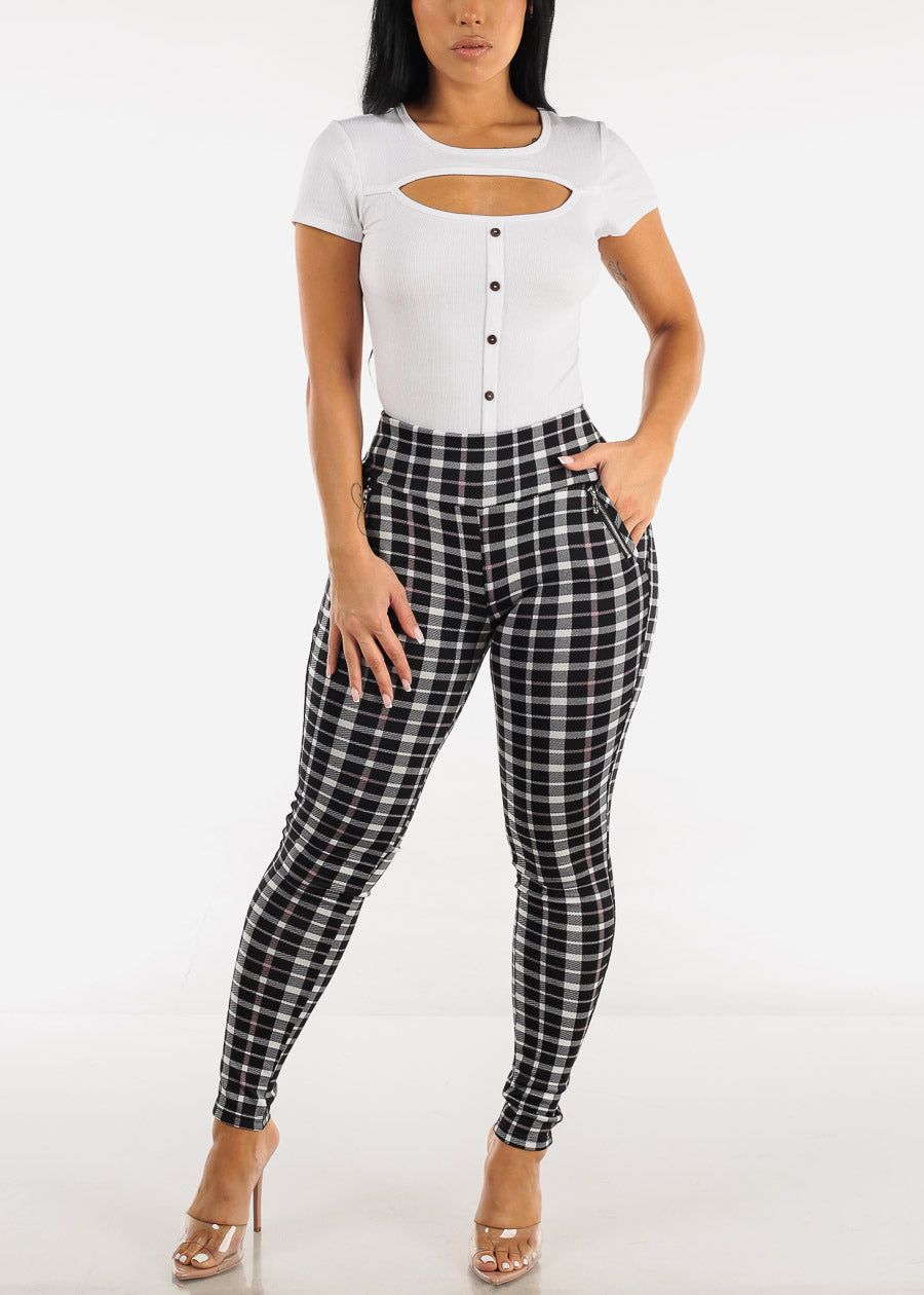 High Rise Pull On Plaid Skinny Pants w Zipper Detail sold by Moda product image thumbnail 3