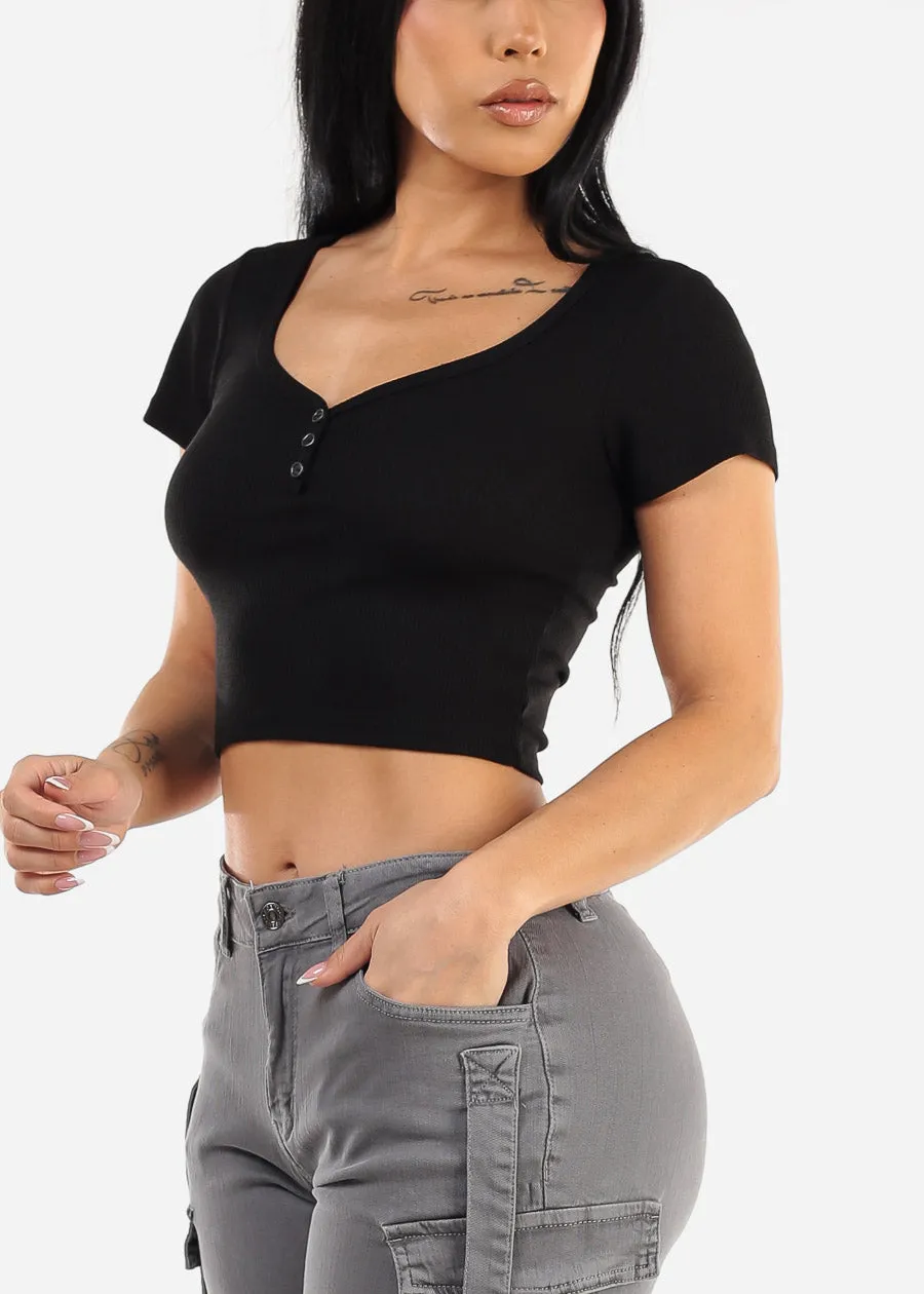 Thermal Short Sleeve Vneck Black Crop Top sold by Moda