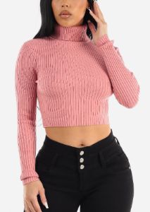 Ribbed Turtleneck Cropped Sweater Pink sold by Moda