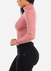 Ribbed Turtleneck Cropped Sweater Pink sold by Moda