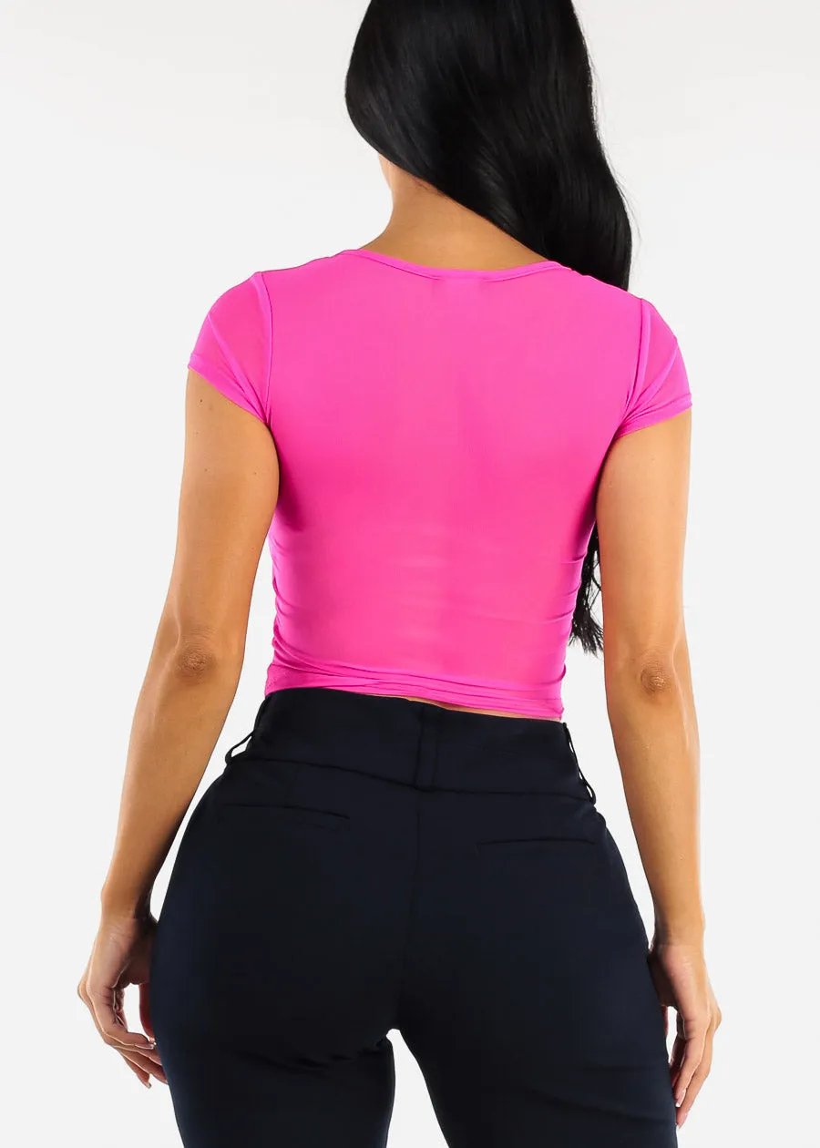 Short Sleeve Square Neck Mesh Crop Top Neon Pink sold by Moda product image thumbnail 4