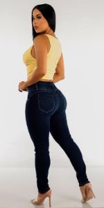 Dark Blue Butt Lifting Skinny Jeans with Sleeveless Ruched Sides Fitted Top sold by Moda