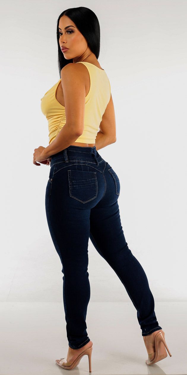 Dark Blue Butt Lifting Skinny Jeans with Sleeveless Ruched Sides Fitted Top sold by Moda product image thumbnail 2