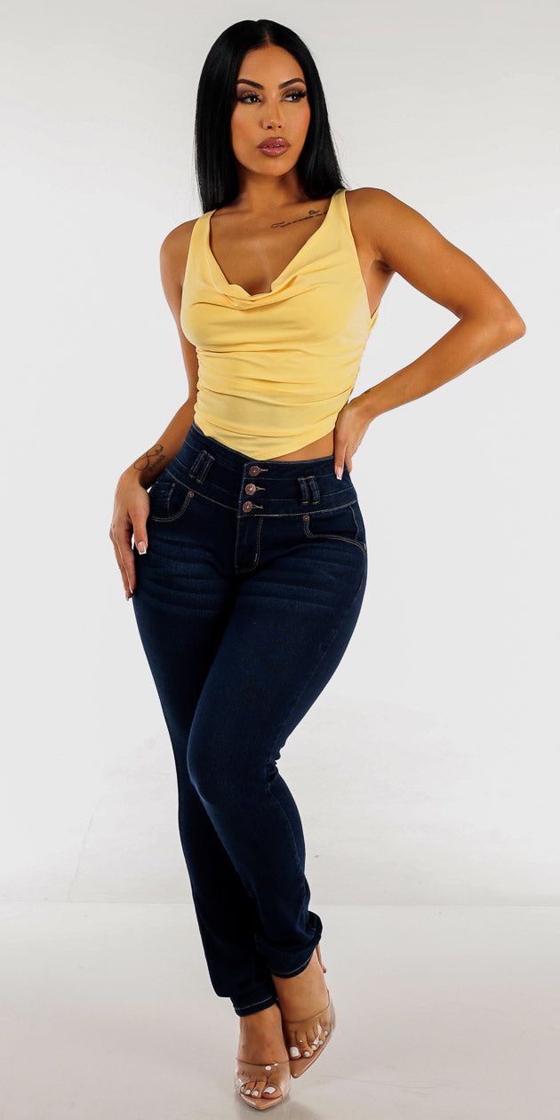 Dark Blue Butt Lifting Skinny Jeans with Sleeveless Ruched Sides Fitted Top sold by Moda