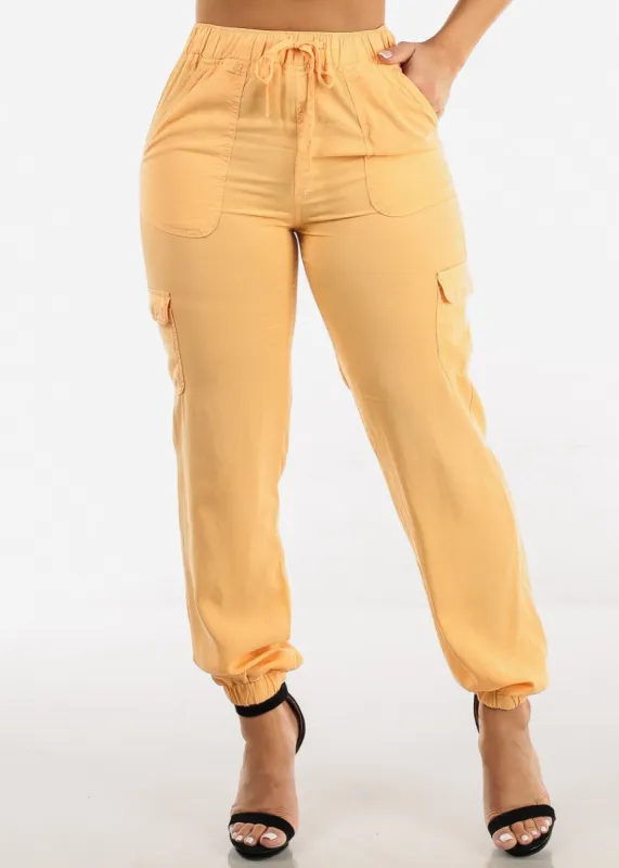 Drawstring Waist Tencel Cargo Joggers Light Orange sold by Moda