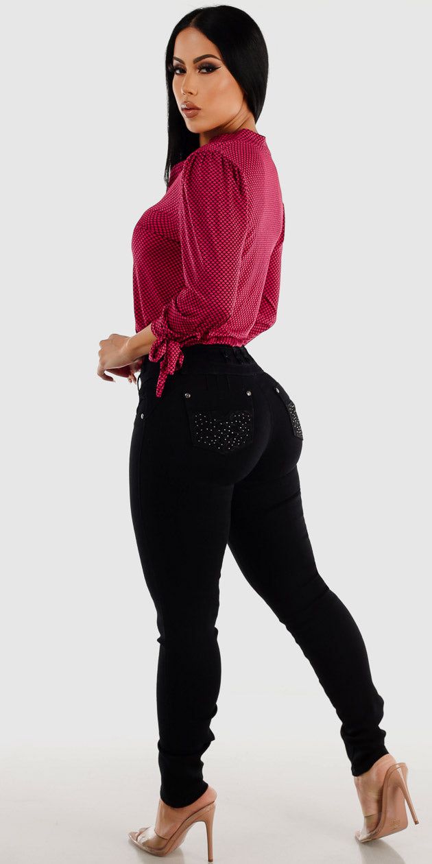 Black Levantacola Skinny Jeans with Pink Quarter Sleeve Printed Blouse sold by Moda product image thumbnail 2