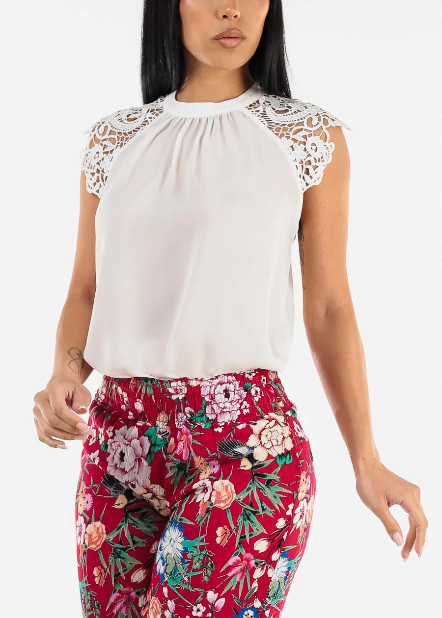 Crochet Sleeve Mock Neck White Blouse sold by Moda