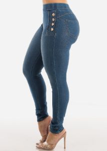 High Waist Levantacola Pull On Denim Jeggings Blue sold by Moda