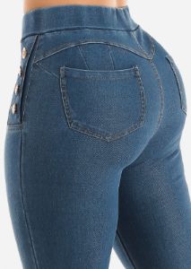 High Waist Levantacola Pull On Denim Jeggings Blue sold by Moda