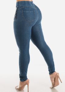 High Waist Levantacola Pull On Denim Jeggings Blue sold by Moda