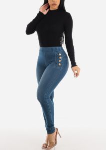 High Waist Levantacola Pull On Denim Jeggings Blue sold by Moda