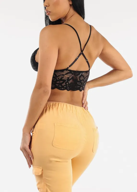 Black Sleeveless Knit Lace Cross Strap Bralette sold by Moda