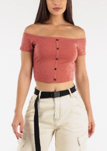 Off Shoulder Crop Top Rust w Buttons sold by Moda